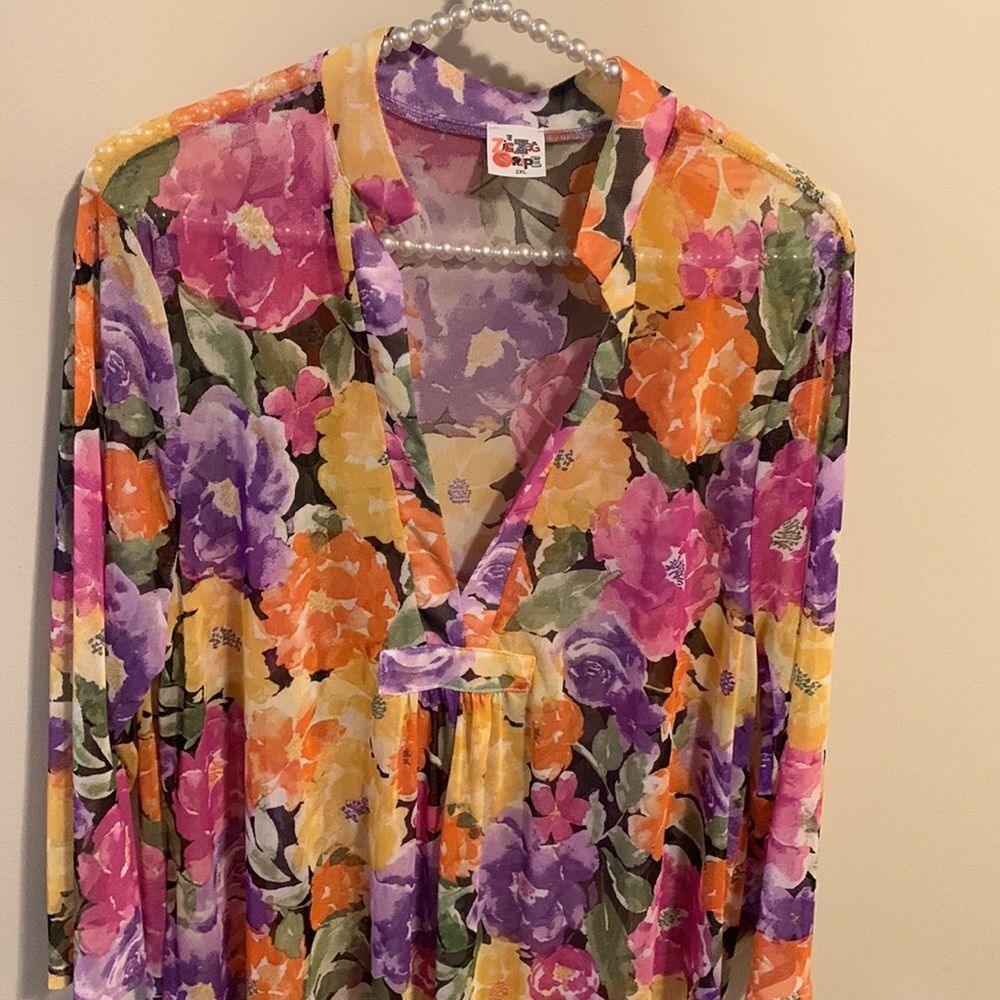 Beautiful Sheer Floral V-Neck Maxi Dress in Purple, Pink & Orange - Picture 2 of 6